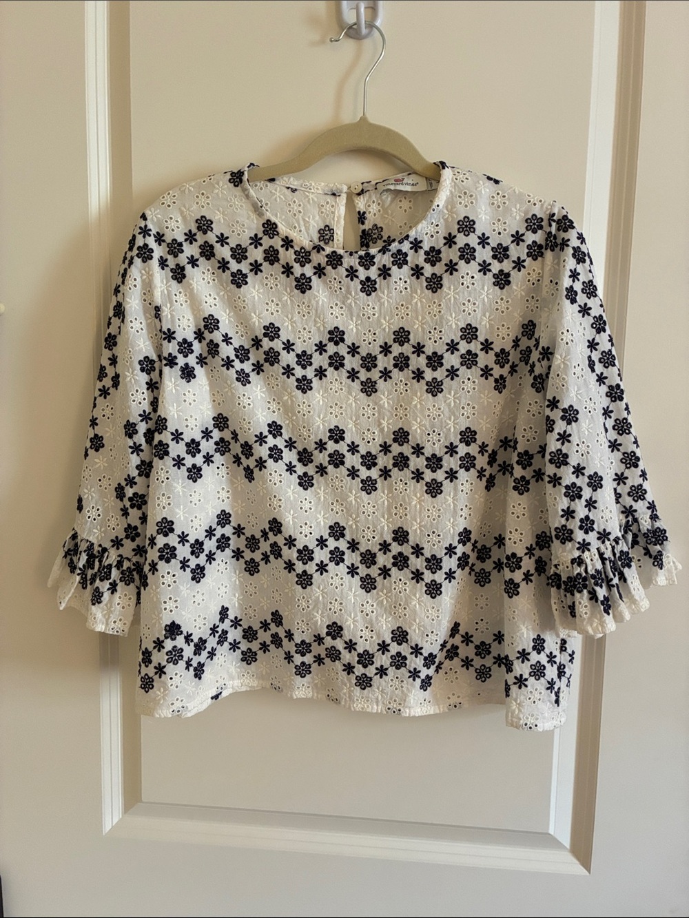 Vineyard Vines White Eyelet Blouse with Navy Floral Embroidery
